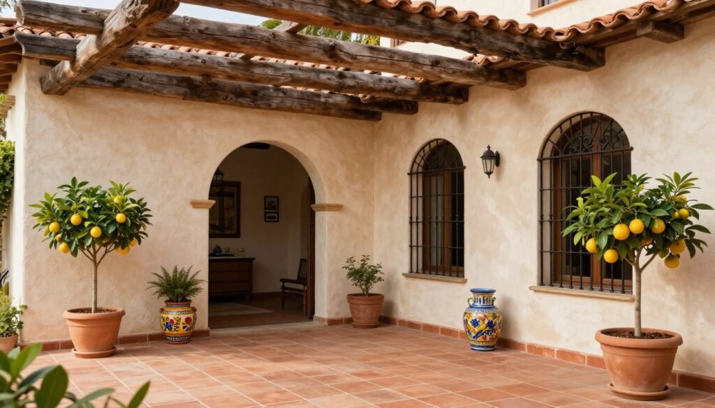 Mediterranean-inspired covered patio with terracotta tiles and wrought iron details