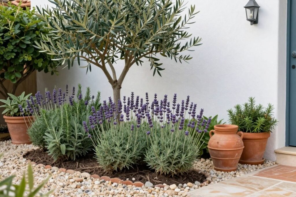Mediterranean-inspired drought-tolerant garden with lavender, rosemary, and olive tree