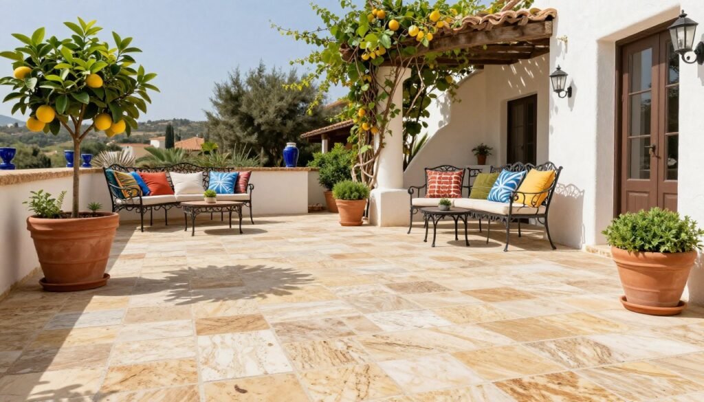 Mediterranean-inspired stone patio with terracotta accents and lush plantings