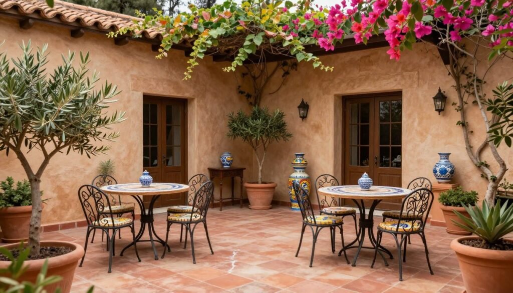 Mediterranean patio design with terracotta tiles, vibrant colors, and lush plants Mediterranean patio design with terracotta tiles, vibrant colors, and lush plants