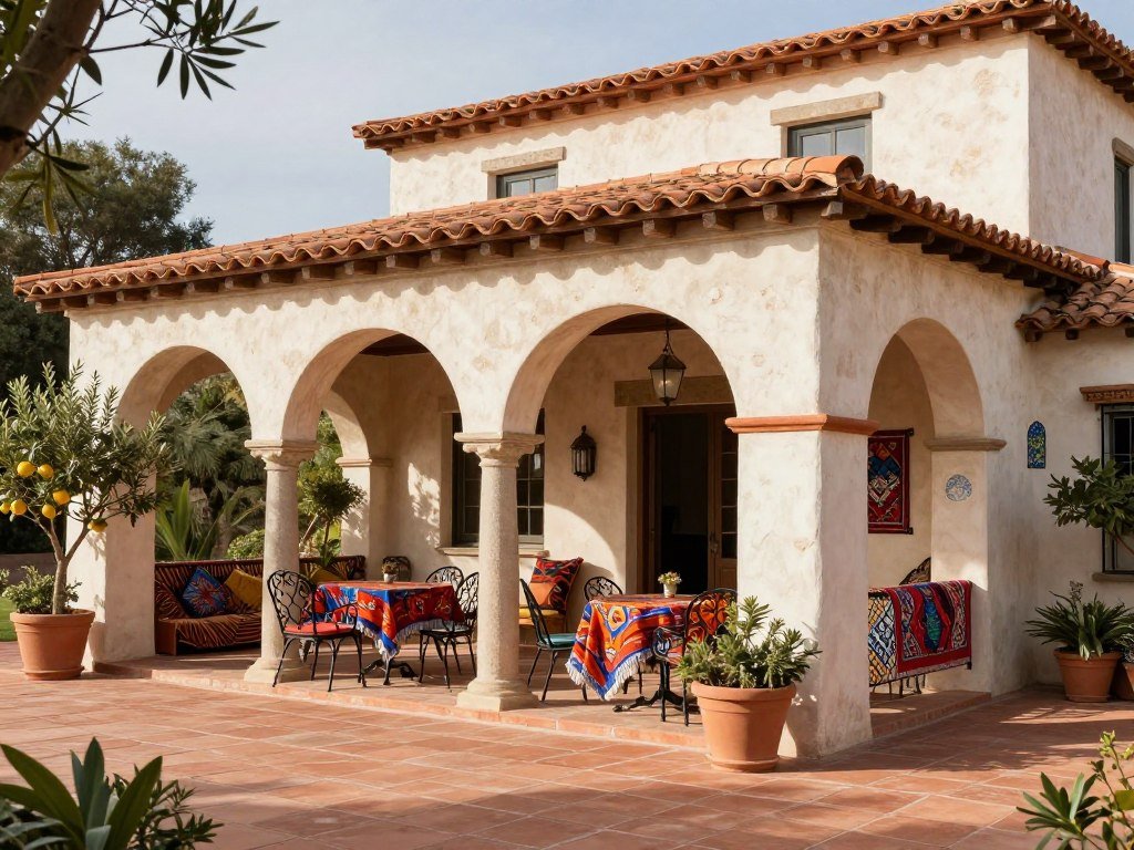 Mediterranean style covered patio with terracotta and wrought iron