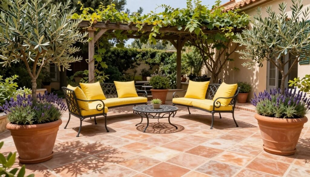 Mediterranean-style patio with warm terracotta pavers and wrought iron furniture