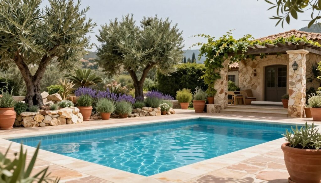 Mediterranean-style pool landscaping with olive trees, lavender, terracotta pots, and natural stone features