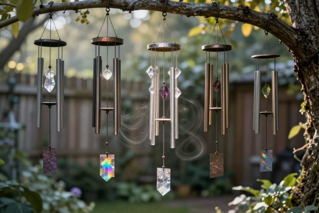 Metal and crystal wind chimes hanging from a tree branch in a witchy backyard garden