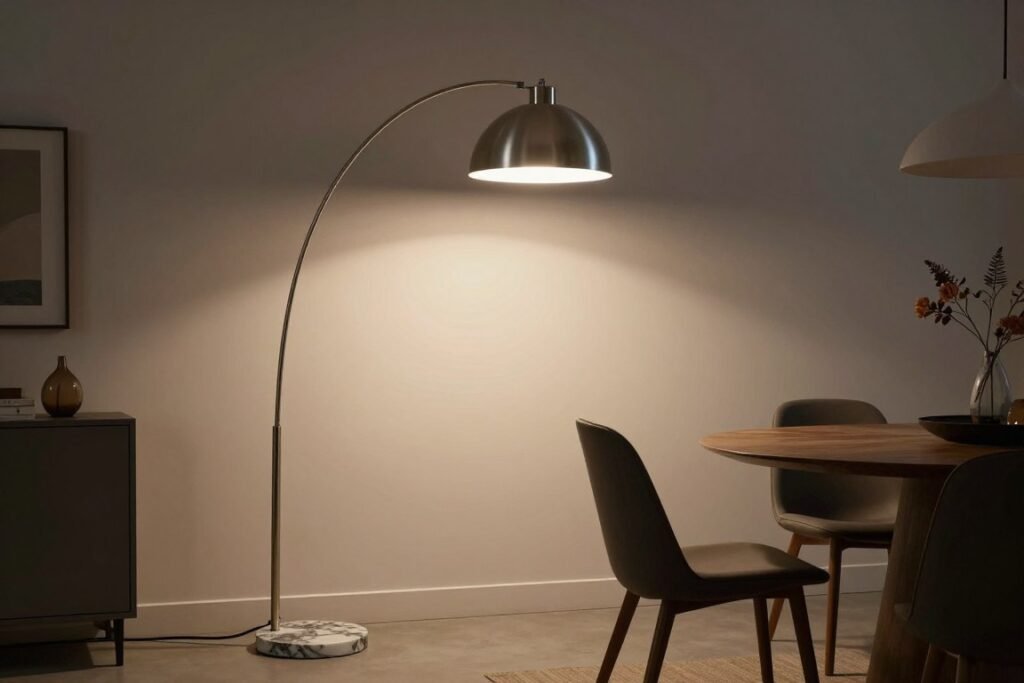 Mid century modern arc floor lamp reaching over dining area