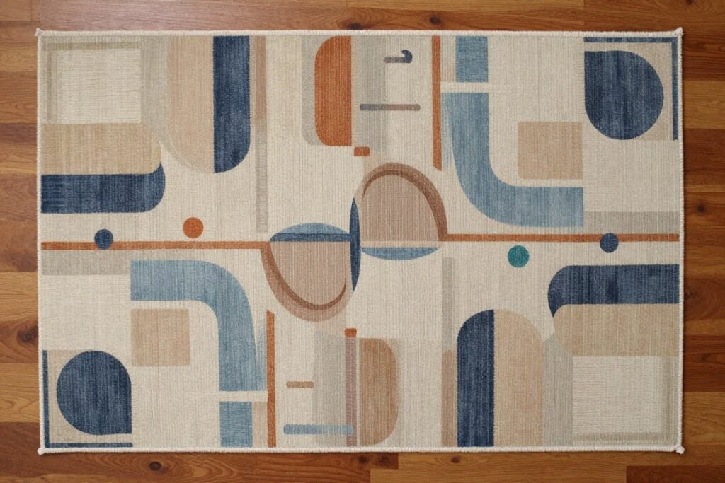 Mid century modern area rug with geometric pattern in muted colors