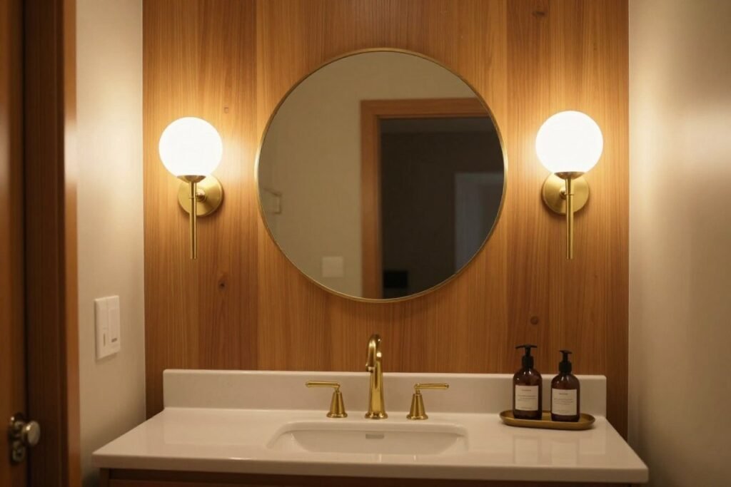 Mid-century modern bathroom with brass vanity sconces