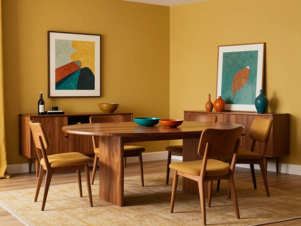 Mid century modern dining room color palette with warm woods and accent colors