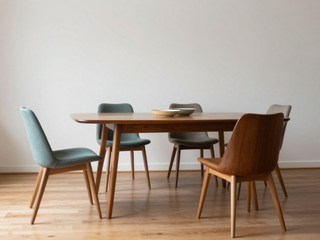 Mid century modern dining room mixing vintage table with reproduction chairs