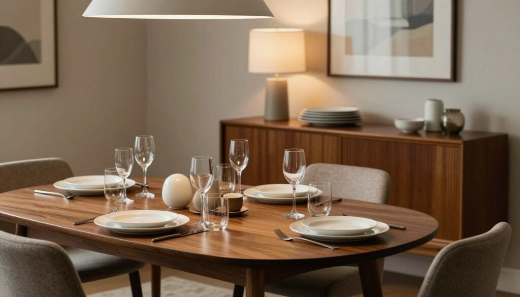 Mid century modern dining room styled for a dinner party with table settings