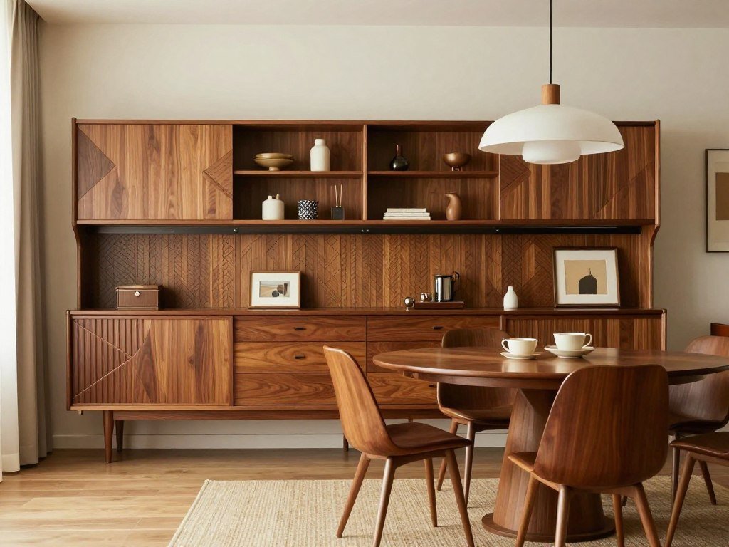 Mid-century modern dining room with a walnut storage wall featuring angled legs, geometric patterns, and vintage-inspired details