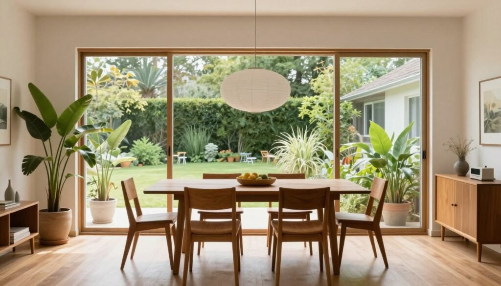 Mid century modern dining room with large windows and indoor plants