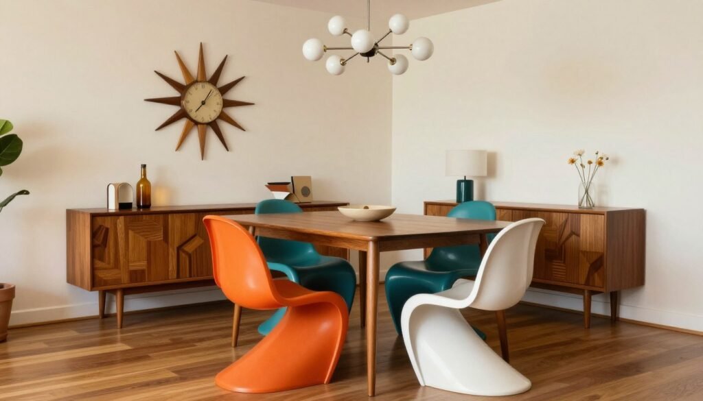 Mid-century modern dining set featuring tapered legs, organic shapes, and warm wood tones