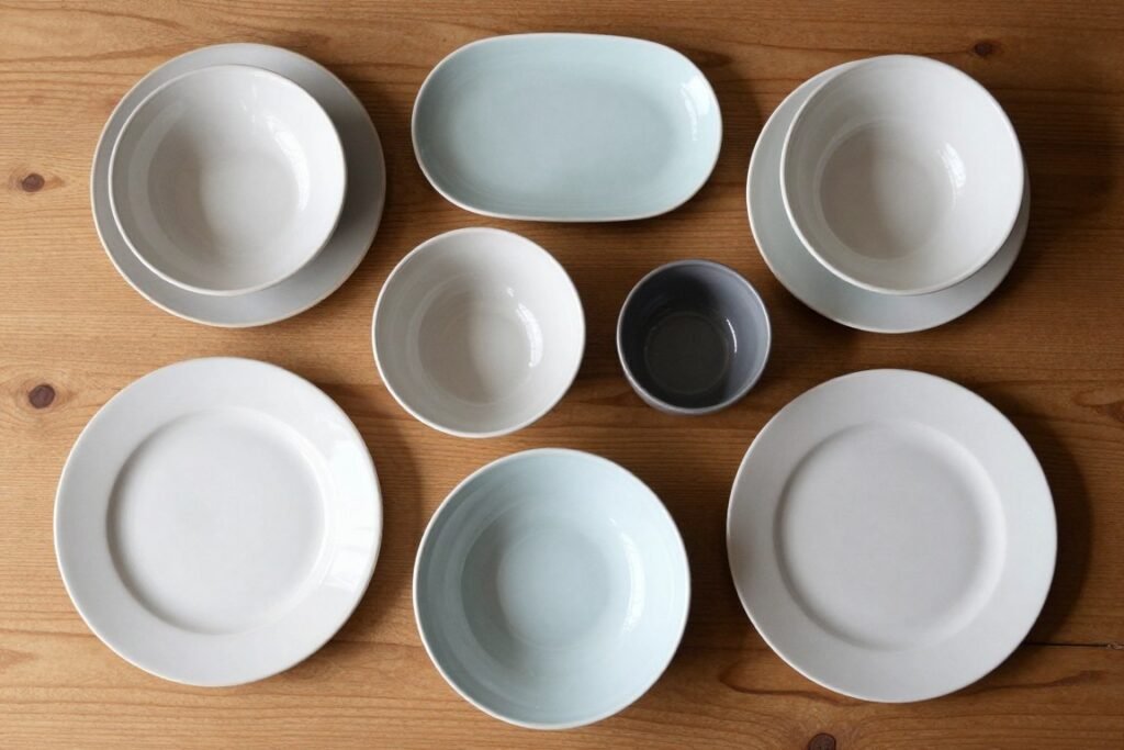 Mid century modern dinnerware with simple patterns and organic shapes