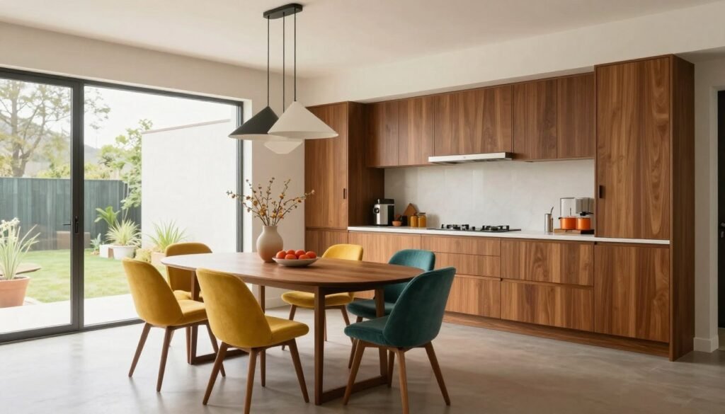 Mid-century modern kitchen and dining area with walnut cabinetry and iconic furniture