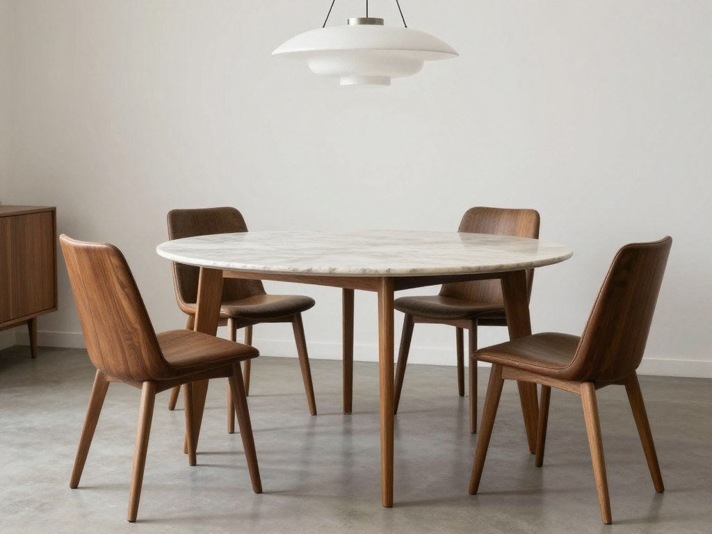 Mid-century modern marble dining table with tapered wooden legs