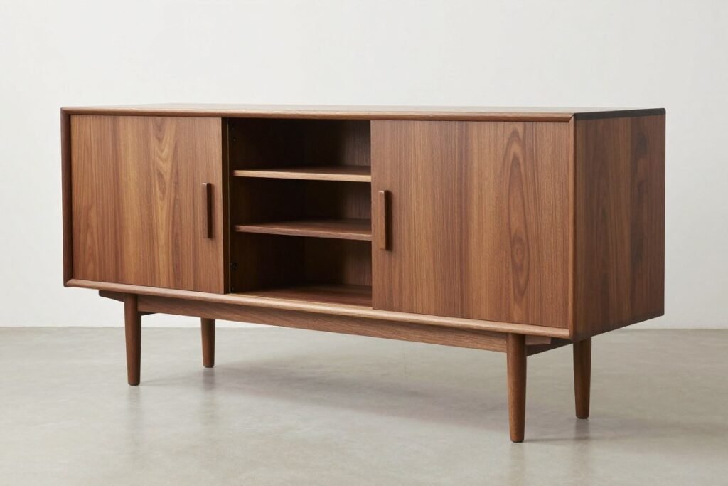 Mid century modern sideboard with sliding doors and tapered legs