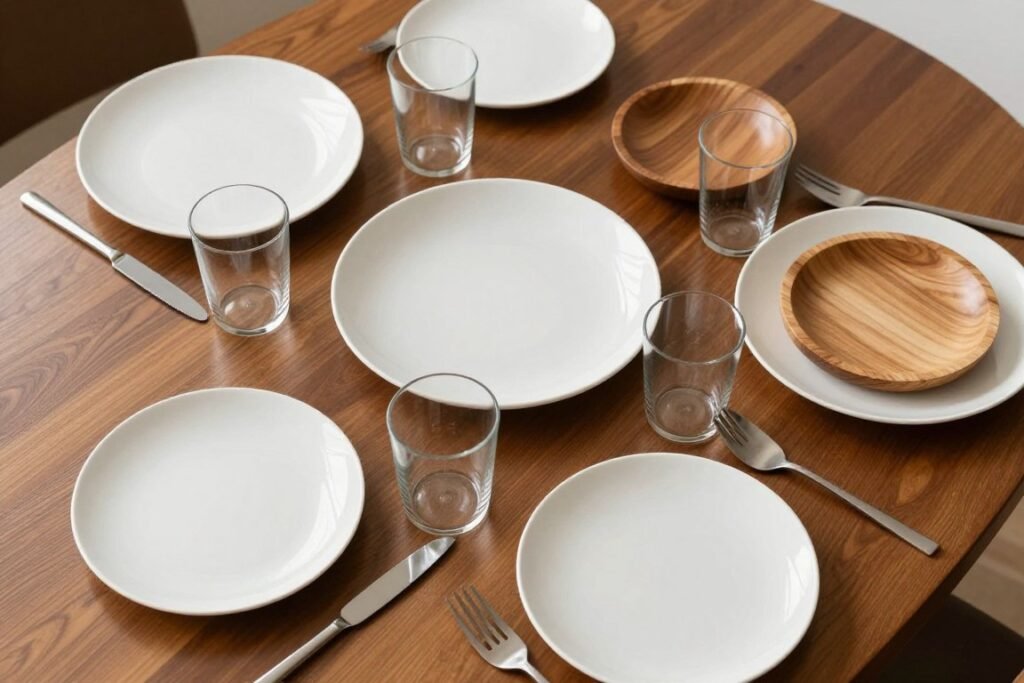 Mid century modern table setting with mixed materials and simple styling