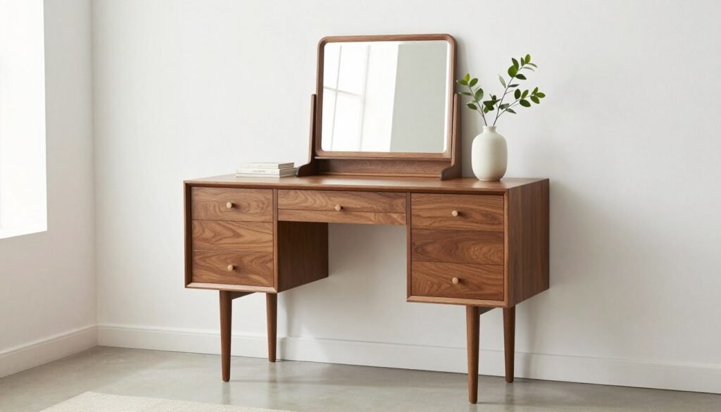 Mid-century modern vintage vanity with clean lines and warm wood tones displaying vintage vanity aesthetic