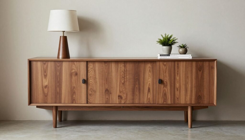 Mid century modern walnut credenza with sliding doors and tapered legs