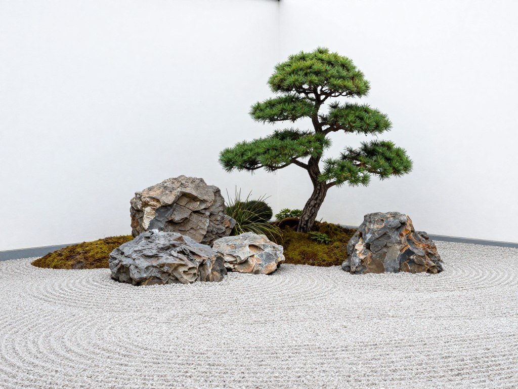 Minimalist Japanese-inspired corner garden with raked gravel, carefully placed rocks, and pruned evergreens creating a meditative space