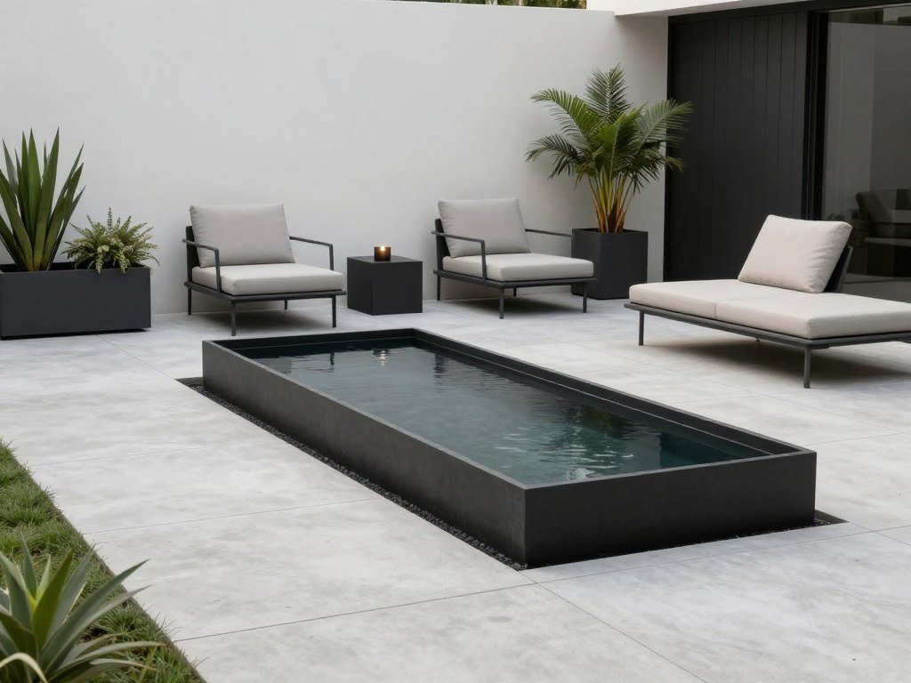 Minimalist back patio with water feature, modern furniture, and architectural plants Minimalist back patio with water feature, modern furniture, and architectural plants
