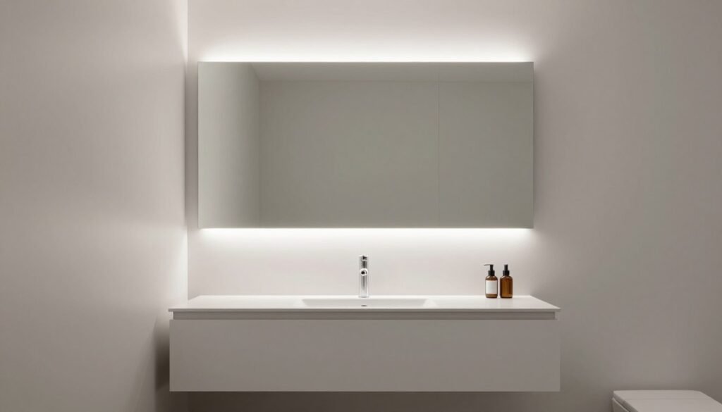 Minimalist bathroom with thin LED light bar over floating vanity