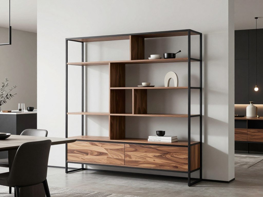 Minimalist black and wood contemporary dining room hutch with geometric design elements in a modern dining space Minimalist black and wood contemporary dining room hutch with geometric design elements in a modern dining space