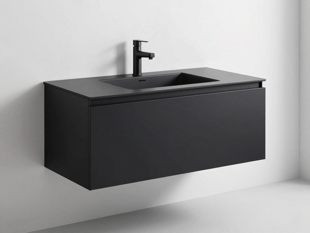 Minimalist black bathroom vanity with streamlined design and hidden storage