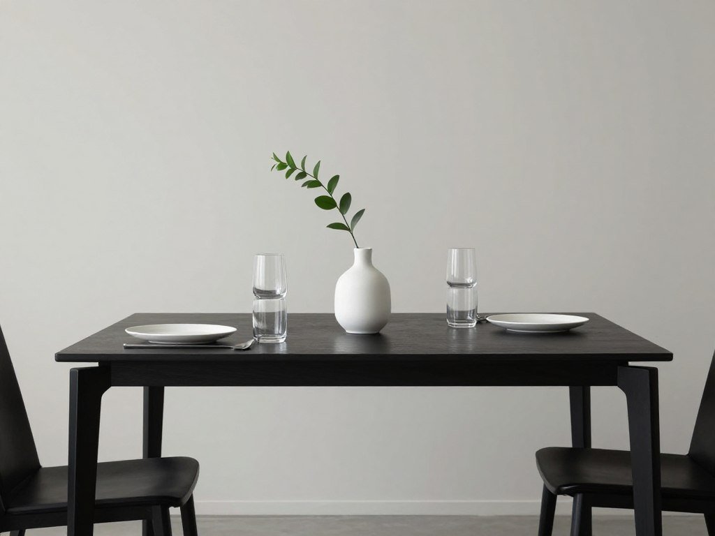 Minimalist black dining table with simple white centerpiece and clean place settings