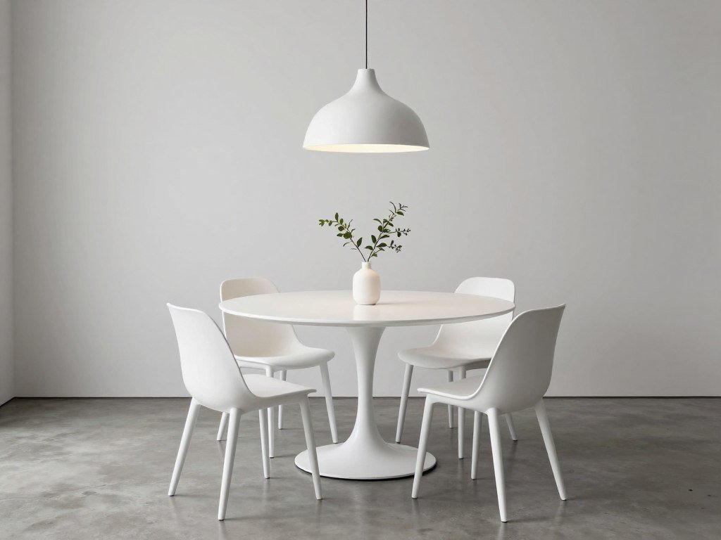 Minimalist dining area with pendant lighting and monochromatic color scheme
