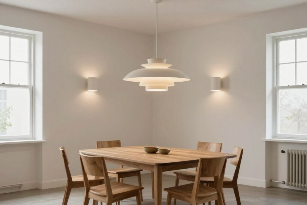 Minimalist dining room with layered lighting Minimalist dining room with layered lighting