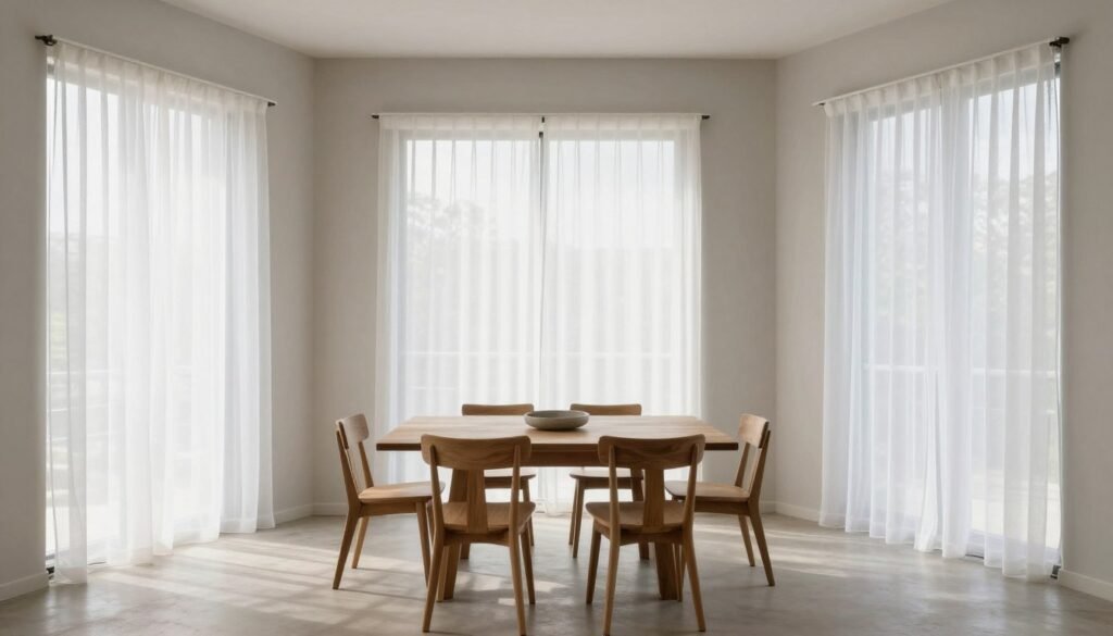 Minimalist dining room with sheer curtains Minimalist dining room with sheer curtains