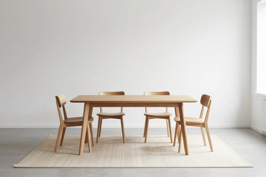 Minimalist dining room with simple area rug Minimalist dining room with simple area rug