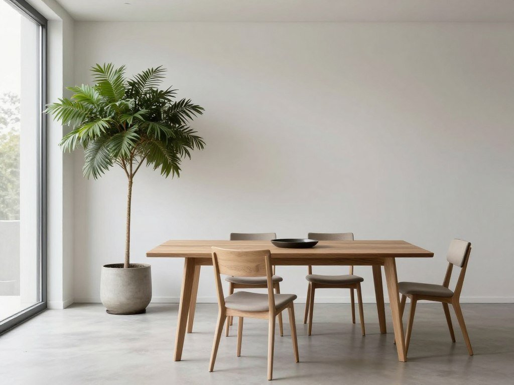 Minimalist dining room with statement plant Minimalist dining room with statement plant