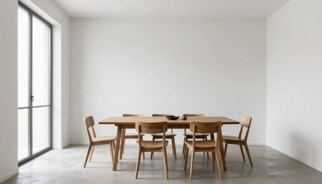 Minimalist dining room with textured white wall Minimalist dining room with textured white wall