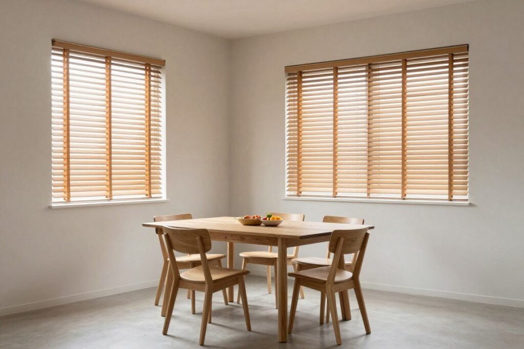 Minimalist dining room with wooden blinds Minimalist dining room with wooden blinds