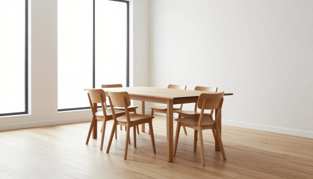 Minimalist dining room with wooden flooring Minimalist dining room with wooden flooring