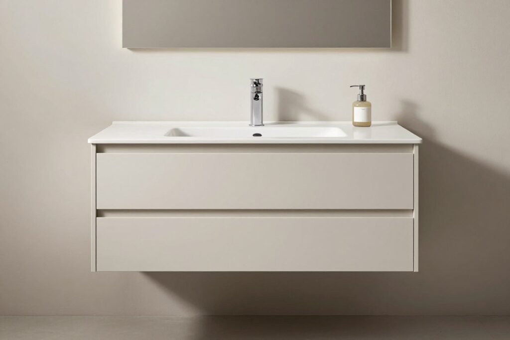 Minimalist floating vanity bathroom with clean lines and neutral colors