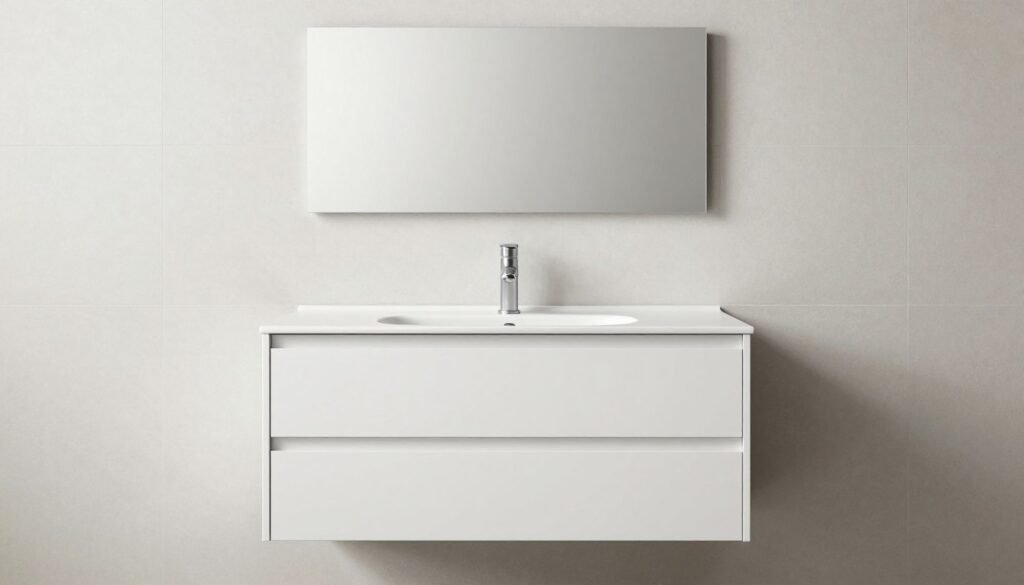 Minimalist floating vanity with clean lines and handleless drawers in a contemporary bathroom