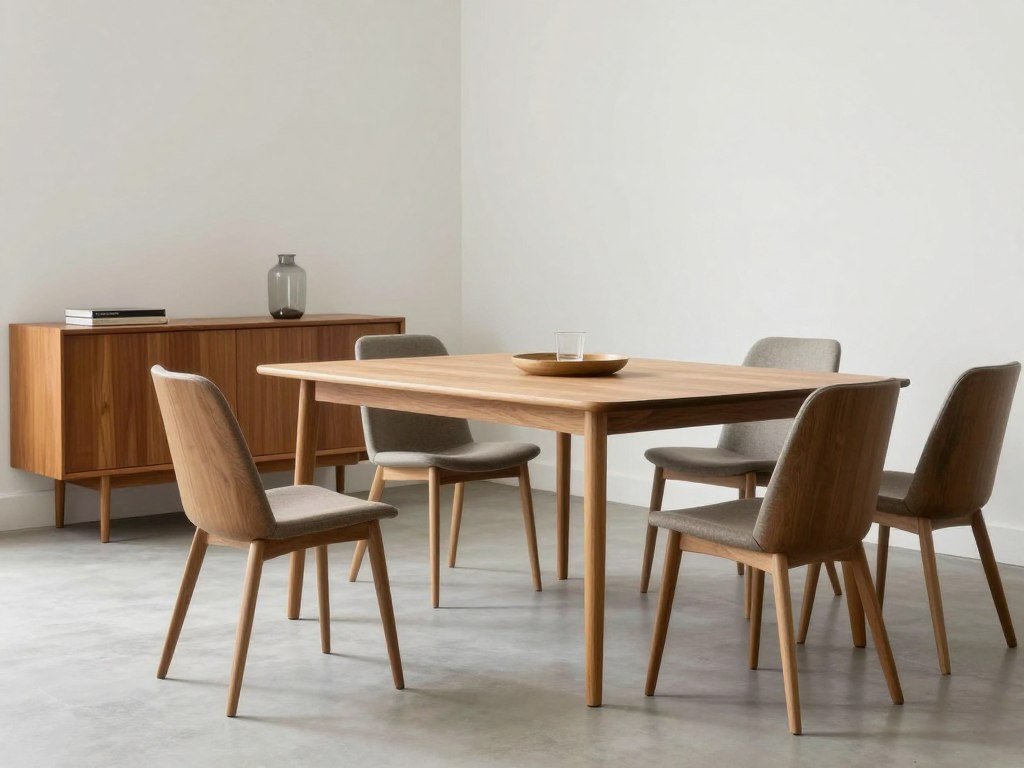 Minimalist mid century modern dining room with functional furniture pieces