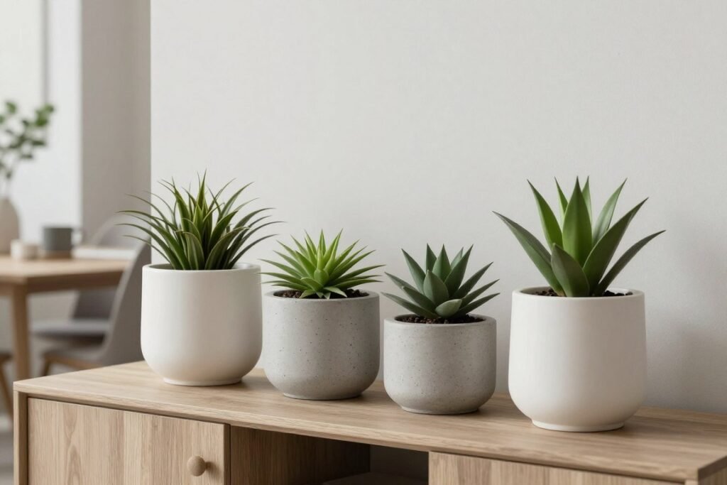 Minimalist planters with simple plants Minimalist planters with simple plants
