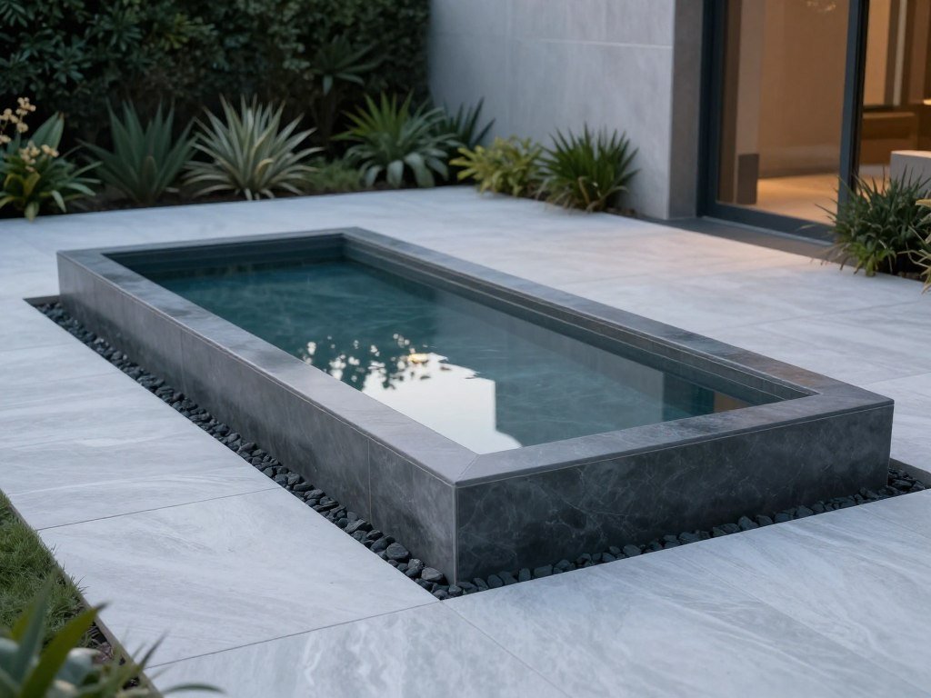 Minimalist rectangular water feature with clean edges in a modern backyard landscape design