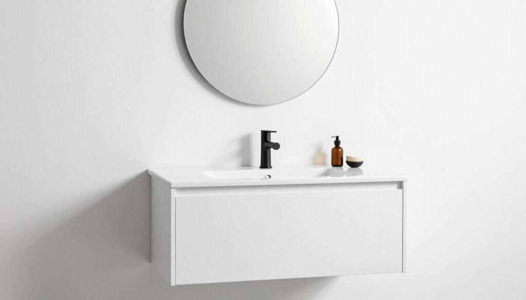 Minimalist white floating vanity with clean lines and simple round mirror in a bright bathroom