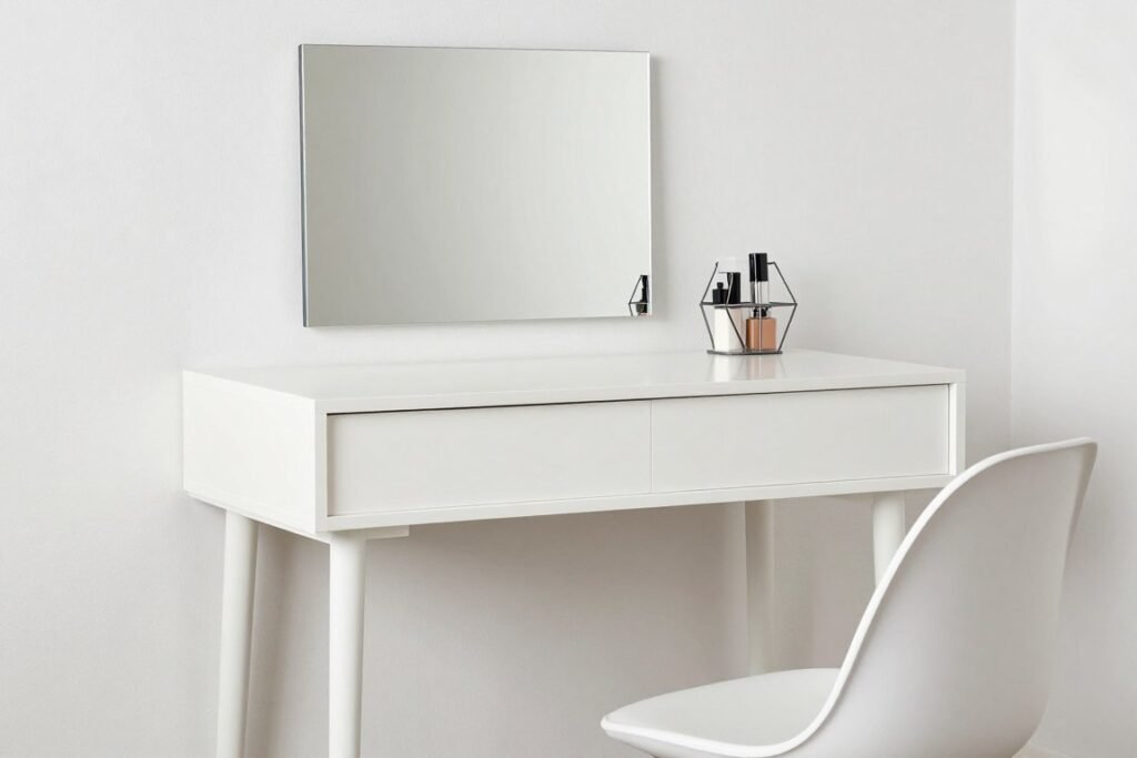 Minimalist white vanity table with simple lines and organized storage in a contemporary setting