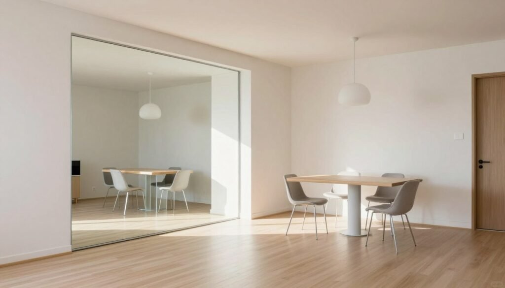 Mirror creating illusion of space in a small living room with dining area