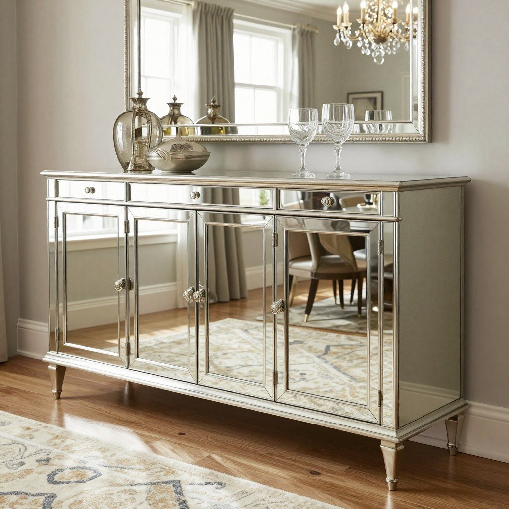 Mirrored dining furniture reflecting light in a dining room glam space
