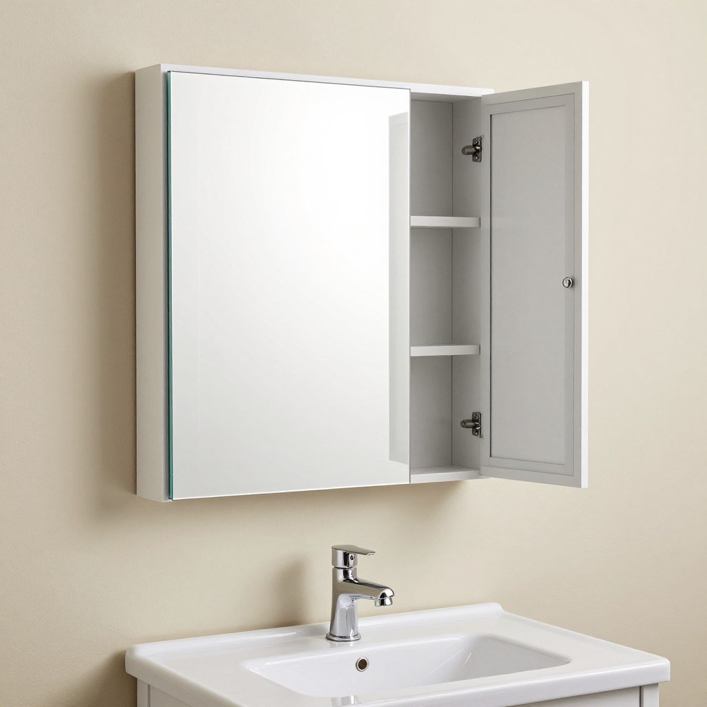 Mirrored medicine cabinet above a small bathroom vanity