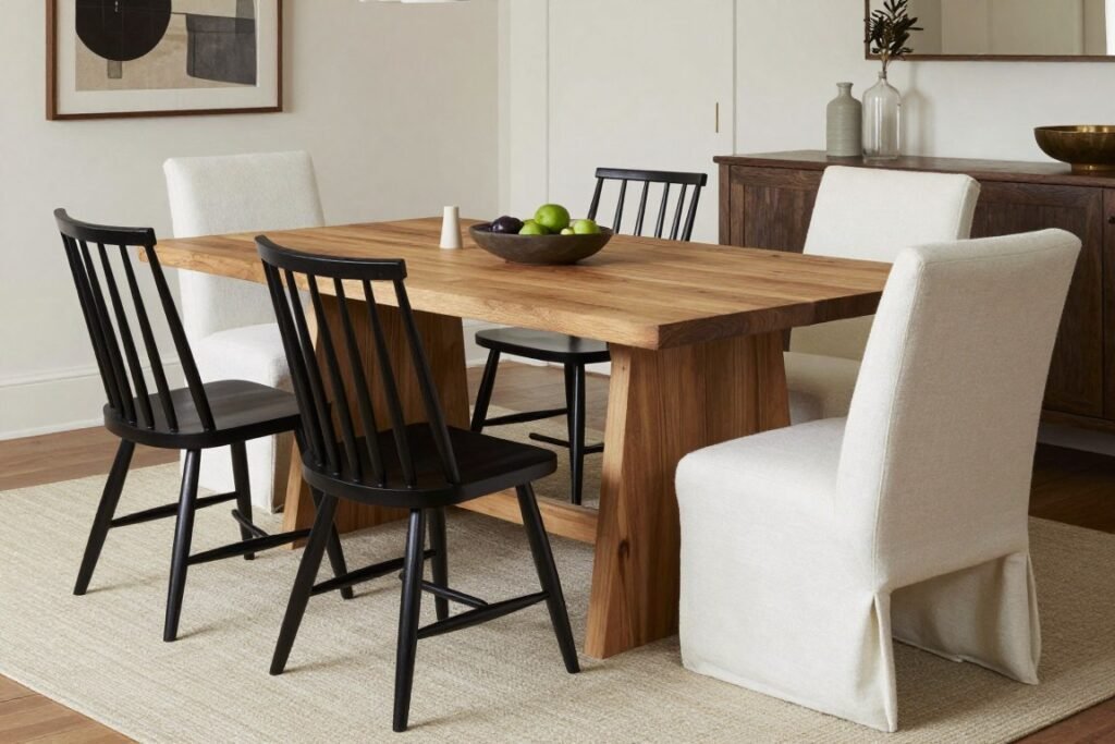 Mixed dining chairs around a farmhouse table including upholstered and wooden options Mixed dining chairs around a farmhouse table including upholstered and wooden options
