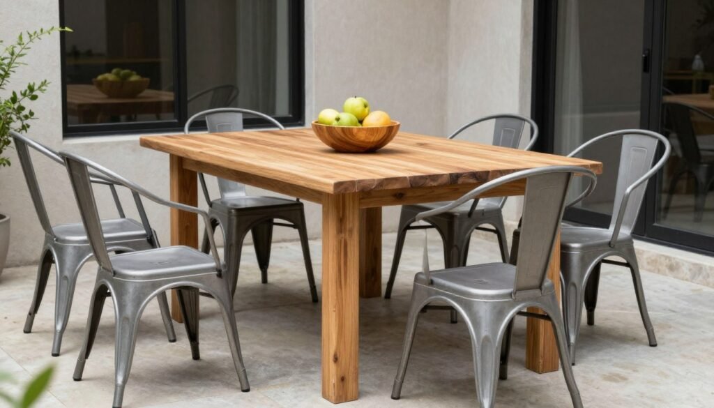 Mixed material outdoor dining set with teak table and modern chairs